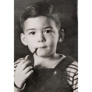 1940s B&W Portrait Panoramic Photo Boy Smoking Pipe Attic 5.5x3.5 Vernacular